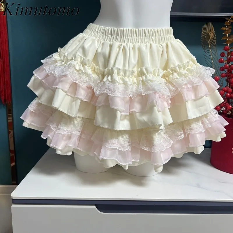 Kimutomo Mini Skirts Women Lace Patchwork Ruffles Sweet Fashion Stretch High Waist Ladies Lolita Style Ladies Skirt Casual