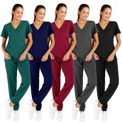 Mulheres de enfermagem médica esfrega conjunto, uniforme hospitalar, bolsos elásticos, logotipo personalizado, alta qualidade