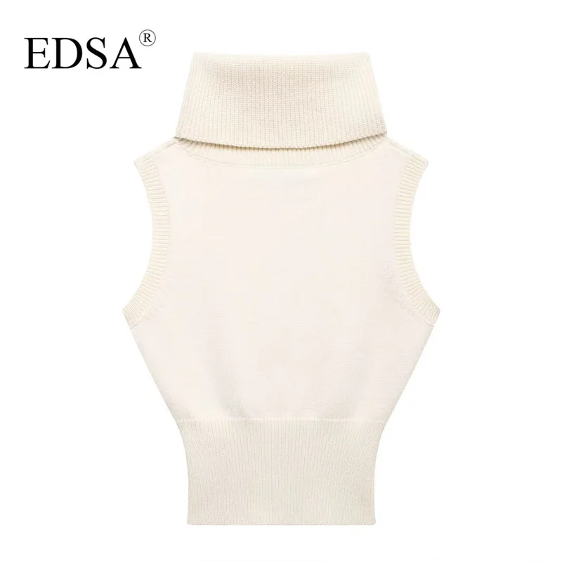 EDSA Women High Neck Knit Waistcoat Sleeveless Ribbed Trims Pullover Female Chic Lady Tank Tops