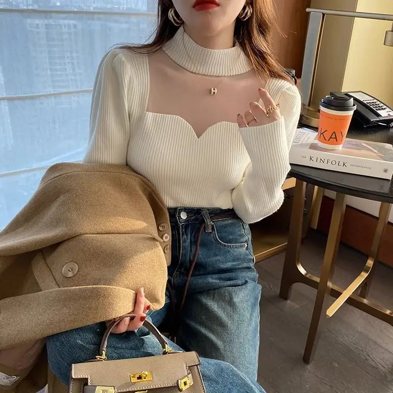 Sexy Sheer Mesh Patchwork Elegant Fashion All Match Basic Knitwear Women Half High Collar Solid Slim Pullover Top Female Jumpers