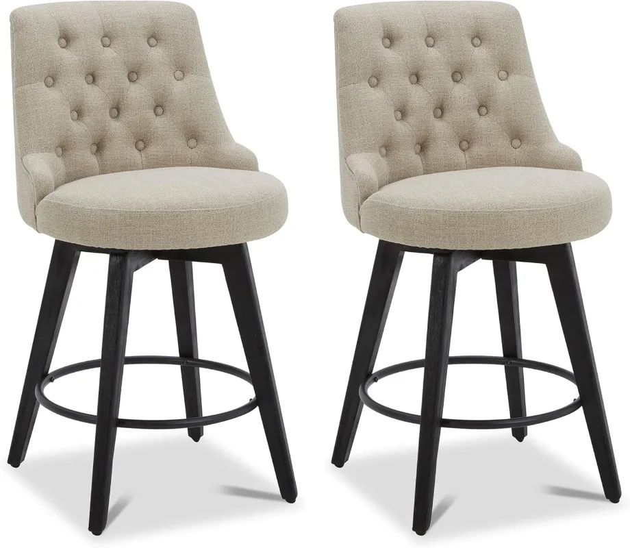 

Modern Swivel Bar Stools Performance Fabric Upholstered Counter Height Bar Stool with Back Solid Wood Legs 26" H Seat Set of 2