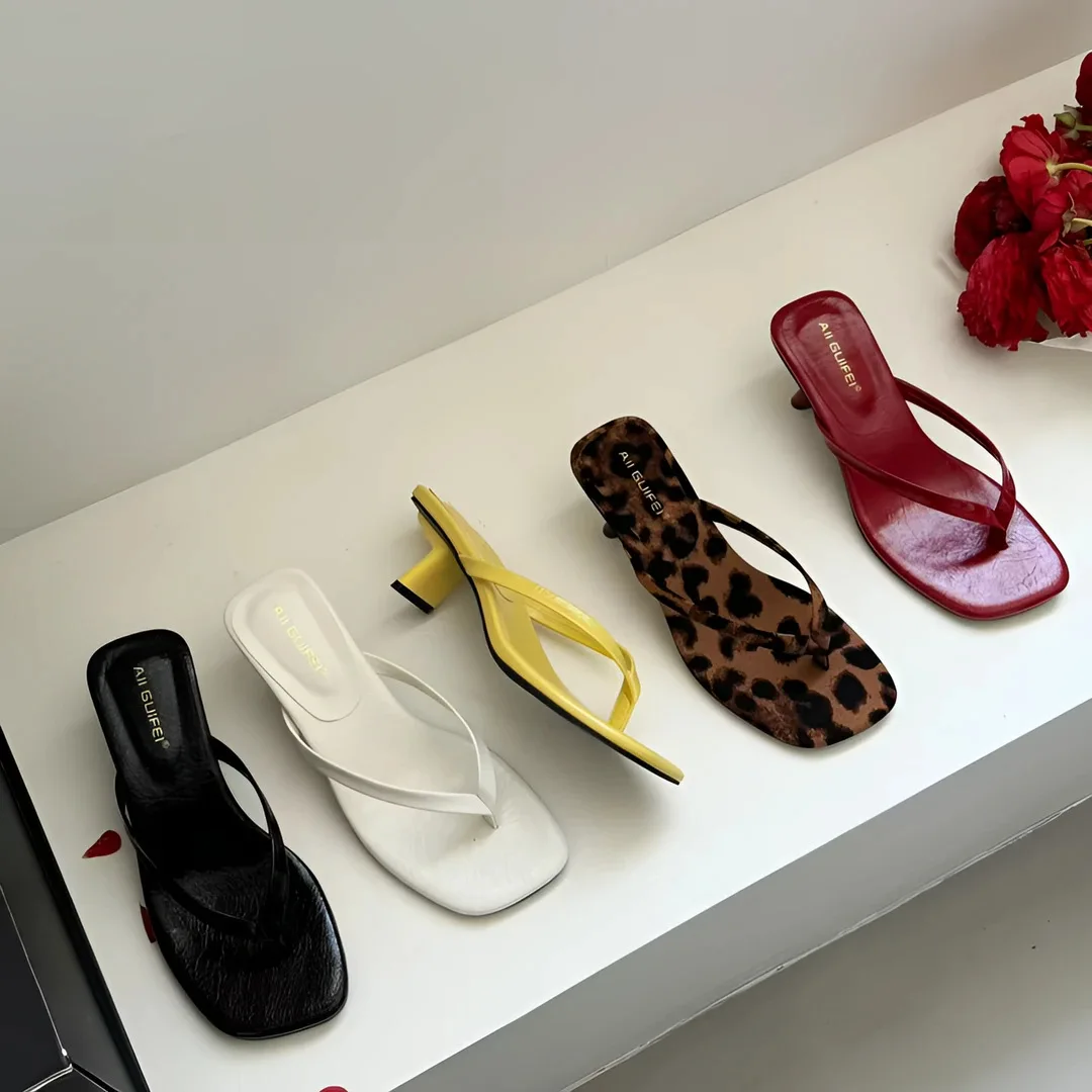 Slides Female Flip Flops Pumps Fashion Square Toe Ladies Medium Heels Slippers Sandals Shoes Summer Beach Women Heeled Slippers