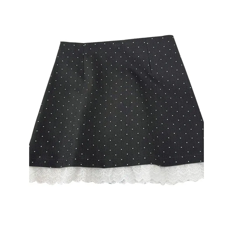 Gonna a pois patchwork con bordo in pizzo per donna nella primavera del 2025, nuova gonna corta da abito a trapezio snellente a vita alta in stile coreano