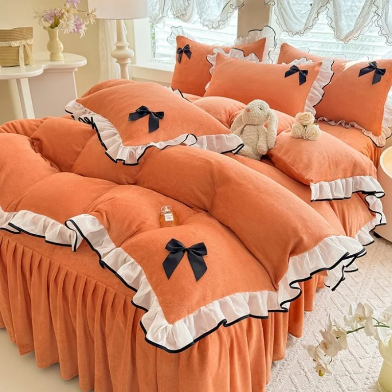 2025 new princess wind milk fleece bed skirt four-piece set autumn and winter Korean lace thickened warm quilt cover