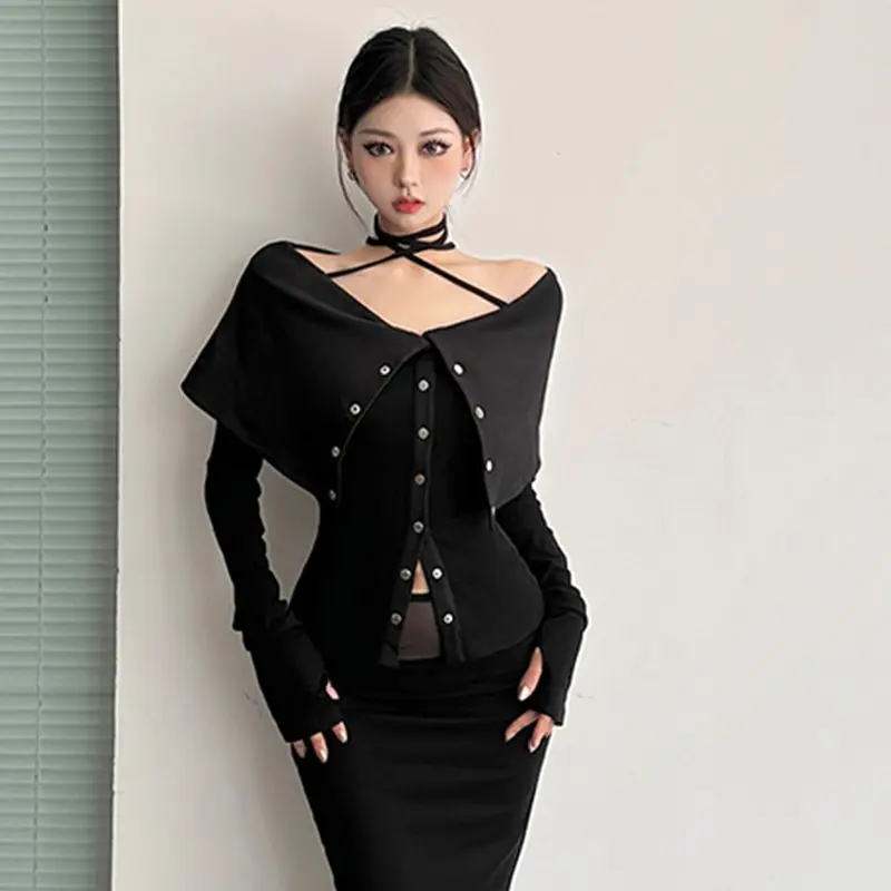 Autumn New Trend Sexy Turn-down Collar Off Shoulder Long Sleeve T-Shirts Female Slim Buttons Solid Color Top Tee Fashion Skinny