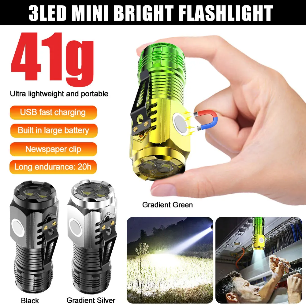 3LED Super Bright Flashlight Portable Mini Burst Flash Torch Rechargeable Outdoor Emergency Spotlight with Pen Clip Tail Magnet