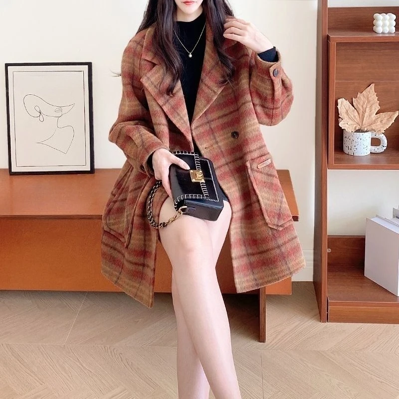 

2025 Autumn Winter Women's Korean Style Loose Fitting Plaid Tweed Wool Coat Slimming High End Look