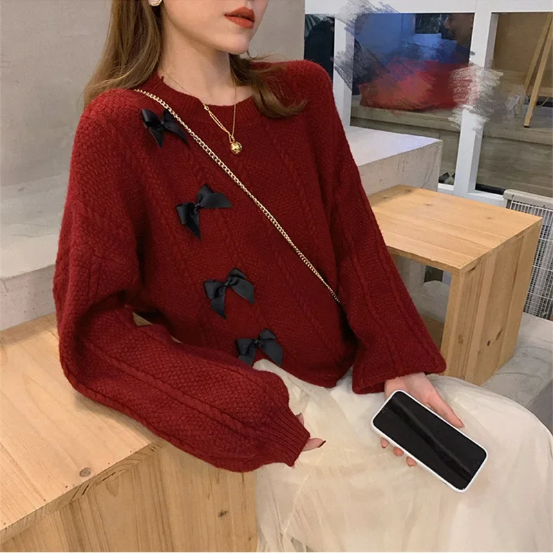 

Pullover Knitted Top 2024 Autumn Winter New Round Neck Distinctive Bow Sweater Women's Loose Lazy Style