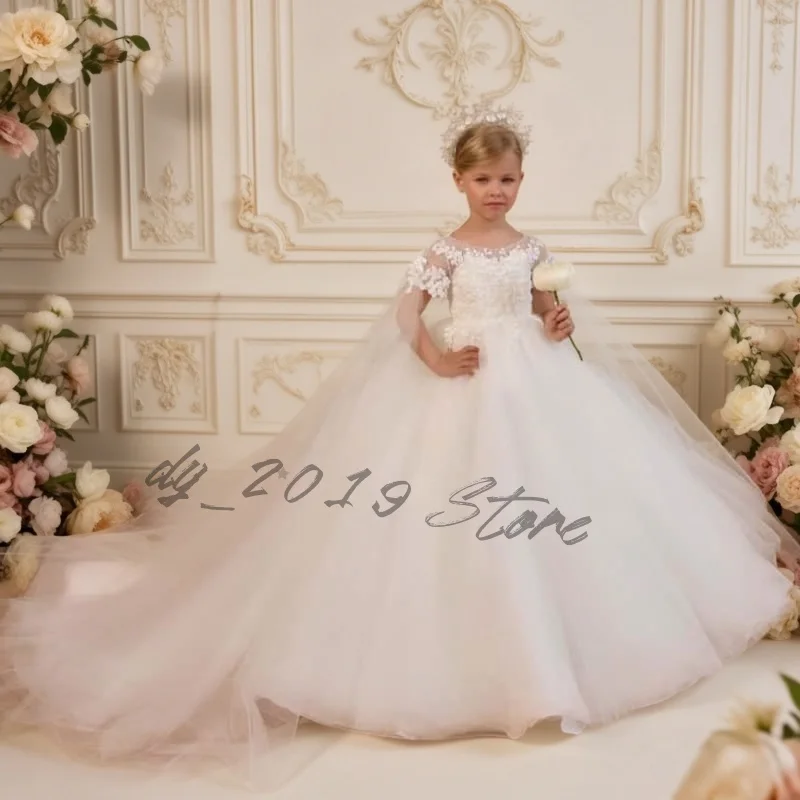 Dreamy Customized Flower Girl Dress White Lace Embroidered beading Tulle Princess Party Gown For Wedding & First Communion