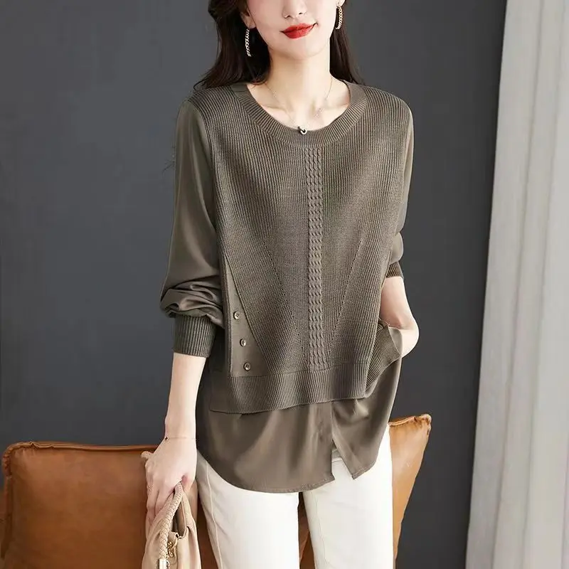 Commute Fake Two Pieces Blouse Spring Autumn Knitted Spliced Women\'s Clothing Long Sleeve Korean Solid Color Basic O-Neck Shirt