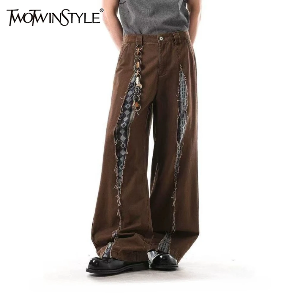 

Брюки женские TWOTWINSTYLE, коричневые, с рваными вставками, шикарные, с высокой талией, свободные, в американском винтажном стиле, широкие штанины, осенняя мода