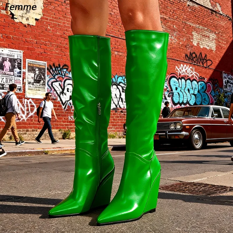 Femme Handmade Pink Knee-High Boots - Wedge Heel Design - Pointed Toe - Leather Women's Footwear - Custom Crafted  Size 5-15