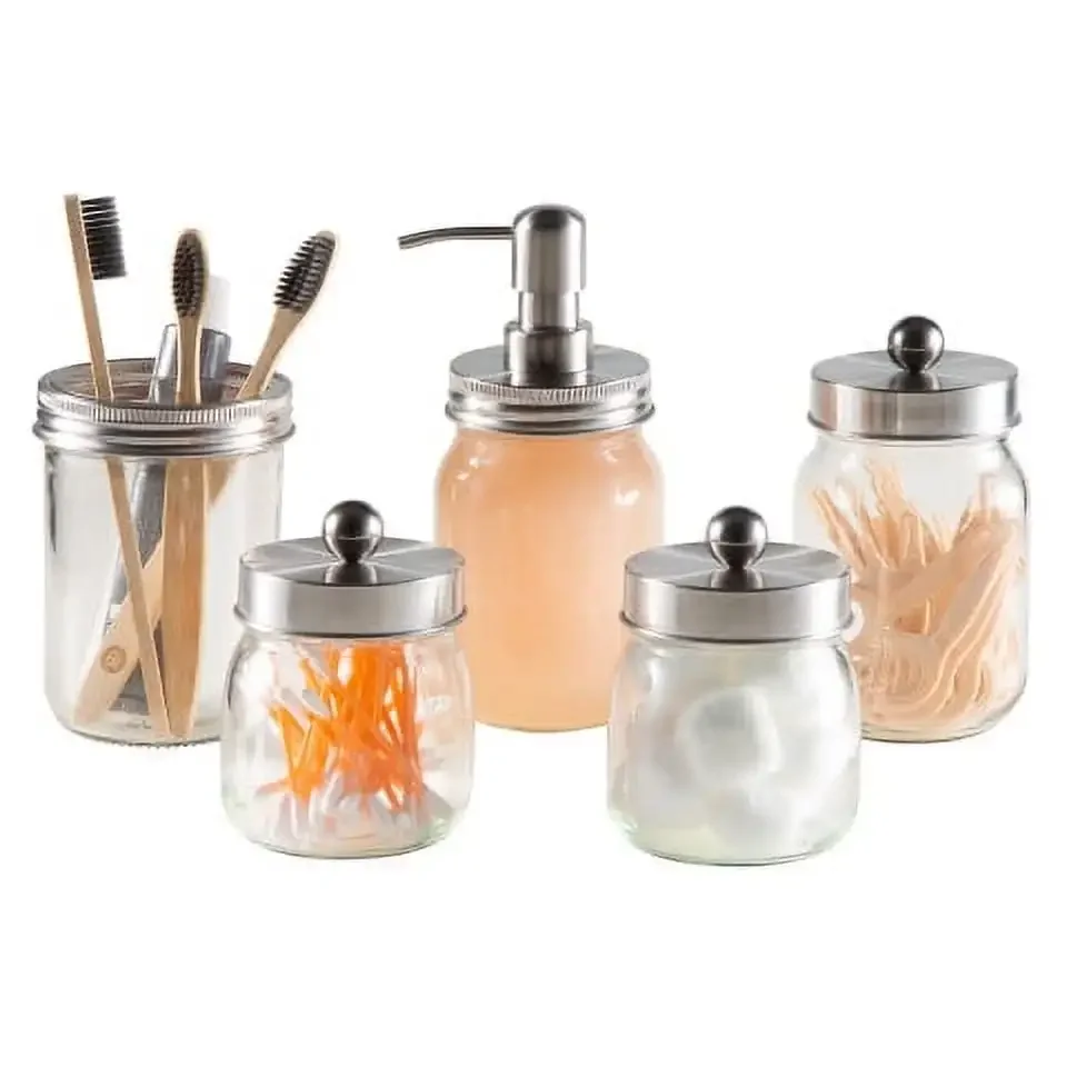 5-Piece Mason Jar Bathroom Accessories Set with Lids, Silver