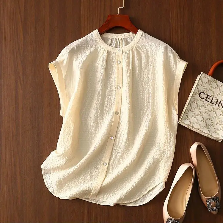 Dave&Di Wrinkled Texture Round Neck Shoulder Short Sleeved Lightweight And Elegant Women's Shirt Woman Clothes Shirts