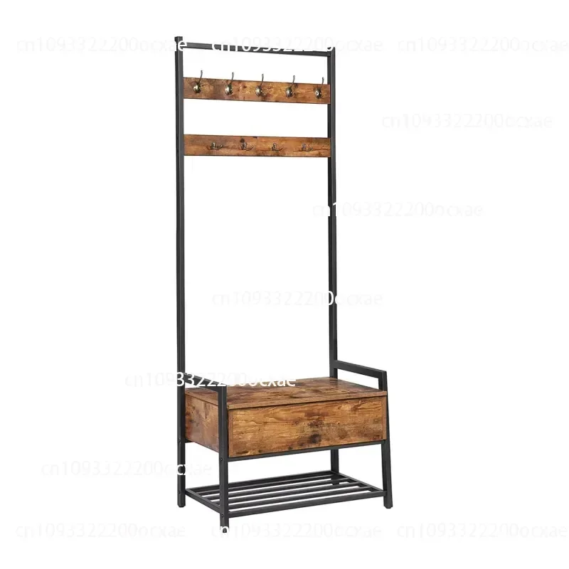 Hall Tree Entrance Passage Organizer Storage Bench Coat Rack with Locker Freestanding Wood Accent Metal Hook and Frame