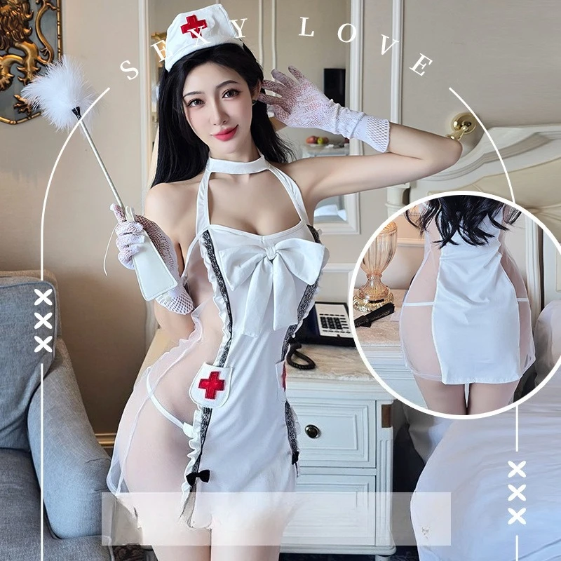 

Strap Bow Hot Women Nightwear Sexy Mesh Night Dress Thin Tansparent Lace Pajamas Dress+Thong 2025 Lady Romantic Backless Nightie