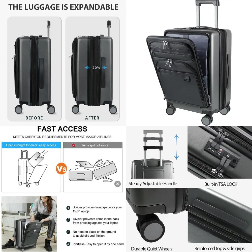 20 Expandable Hardside Carry-On Suitcase with TSA Lock, USB Port, and Front Pockets - Steel Grey