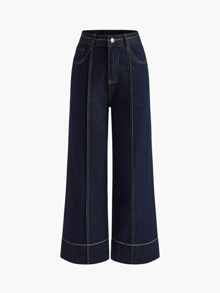 Women High Waist Contrast Stitch Straight-leg Jean 2026 New Fashion Dark Blue Wash Denim Wide Leg Full Length Pants No Belt