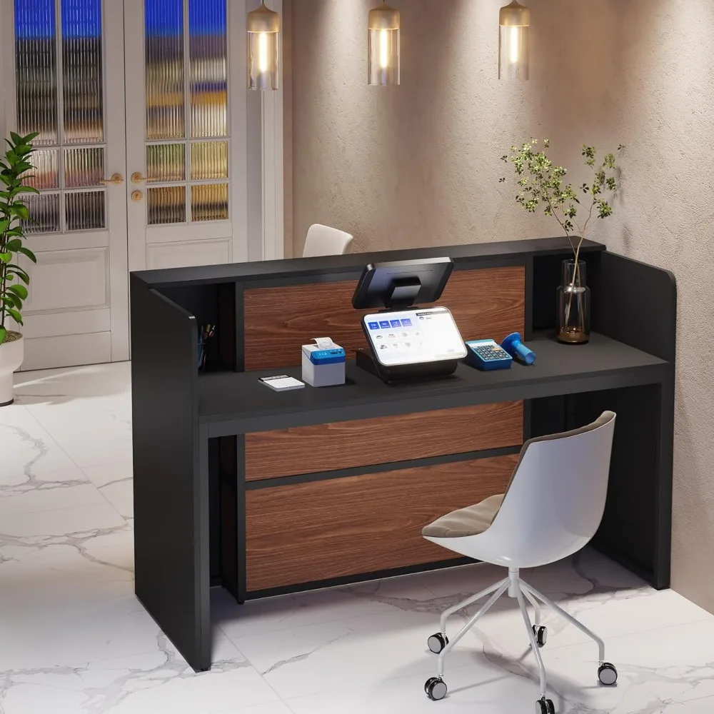 Reception Desk with LED Lights, 63 Inches Store Shop Clinic Office (Black&Brown)