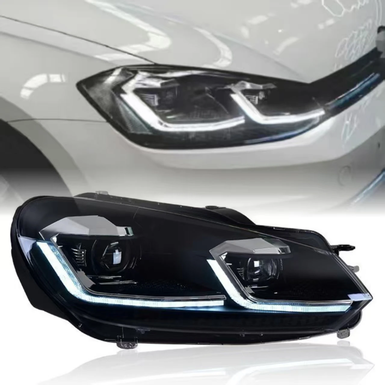 

STLF Set of Black Housing LED Headlights with DRL Bar New Condition 12V for Golf 6R GTI 2008-2013