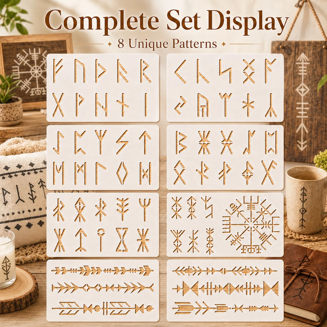 8 pochoirs de runes vikings réutilisables en PET, modèles de peinture, symboles nordiques, bordure flèche, pour décoration DIY sur bois, murs, tissus, journaux et albums de scrapbooking