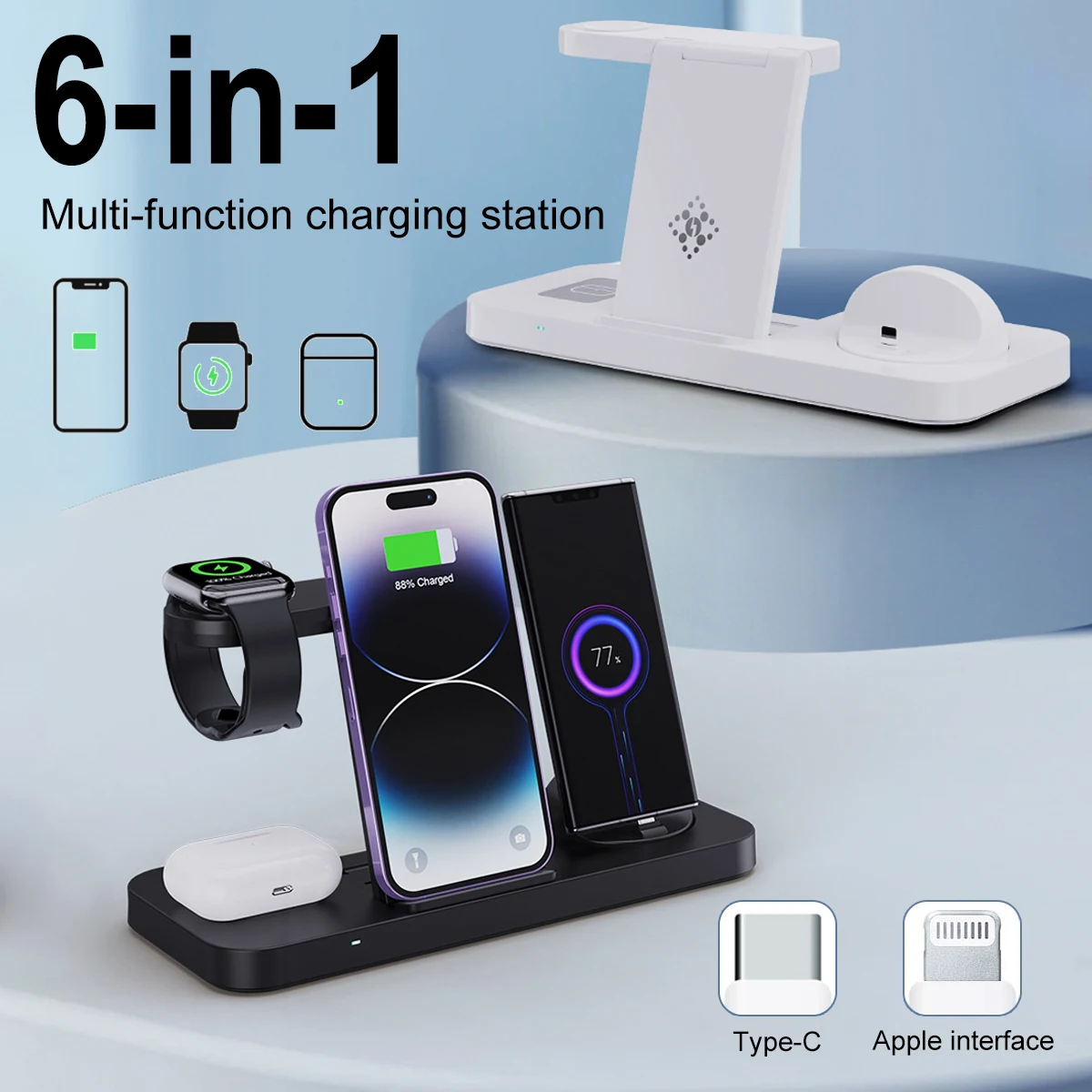 

6 In 1 Wireless Charger Stand For iPhone Samsung S23 S22 Ultra Note Fold Galaxy Watch 5 4 Active Buds Fast Charging Dock Station