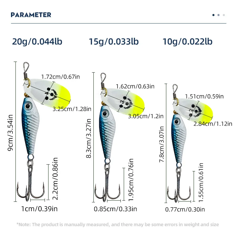 ShareShark 3 Stück Rotierende Metall-Spinner Angelköder 10/15/20g Künstliche Hartköder für Karpfen, Barsch, Hecht mit Dreifachhaken Angelzubehör – Detail 2