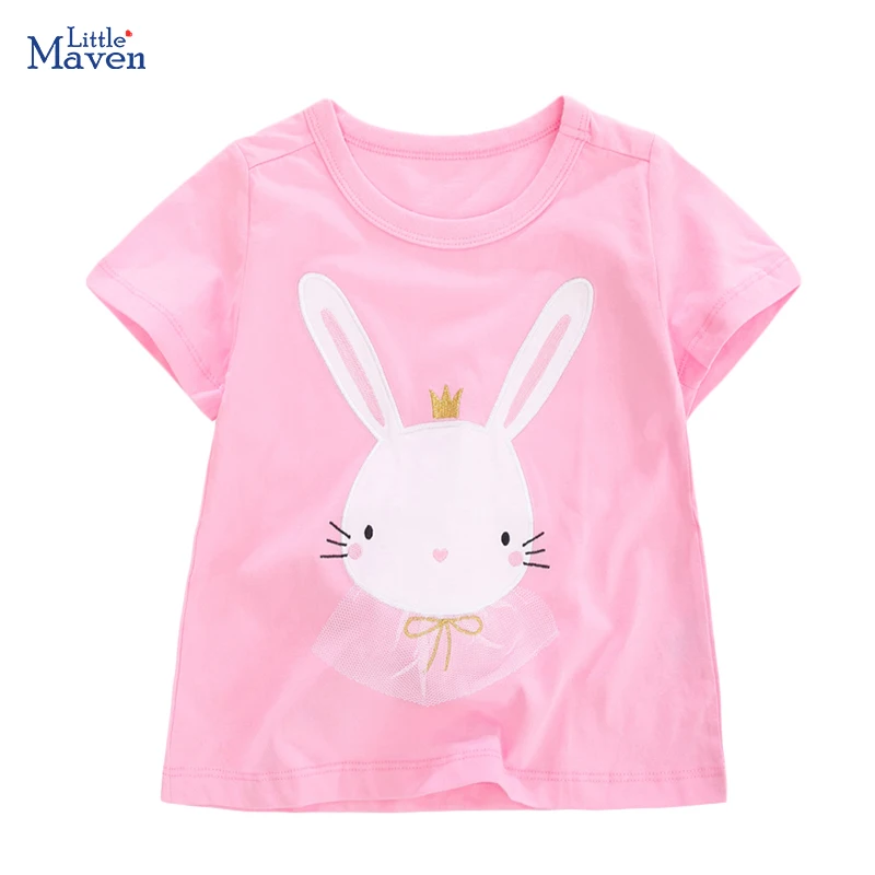 Little maven Girls t-shirts Animals Rabbit Appliques Pink Colors Baby Girls Tops Tees Shirts for 3years old Kids Clothes Cotton