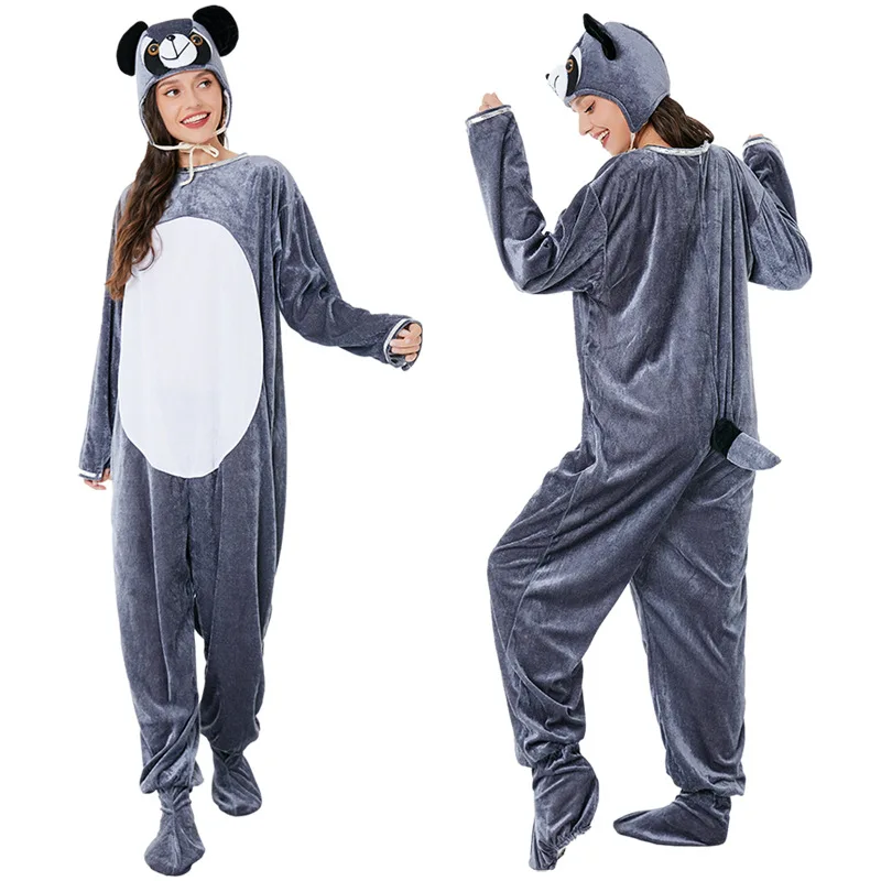 Костюмы для косплея животных на Хэллоуин для взрослых, серый енот, нейтральное сценическое платье, домашняя одежда для пары, праздничный костюм