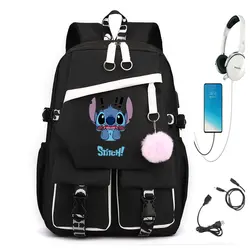 Lilo And Stitch-mochila con carga Usb para hombre y mujer, morral escolar para adolescentes, morral de uso diario