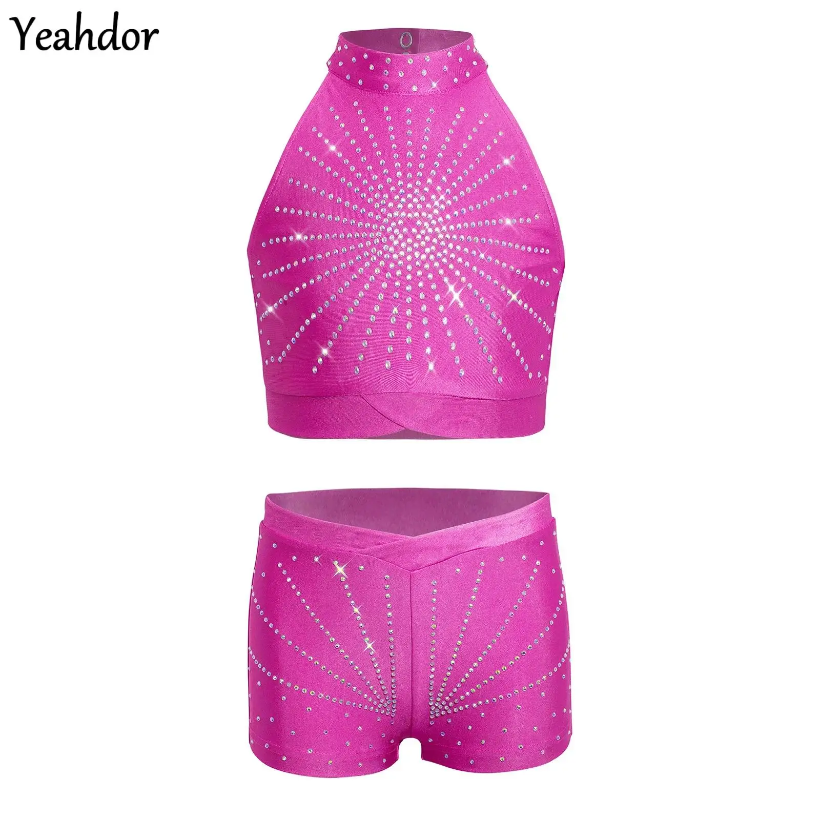

Teen Girls Rhythmic Gymnastics Dance Outfit Sleeveless Cutout Back Rhinestone Crop Top And Shorts Ballet Figure Skating Costume