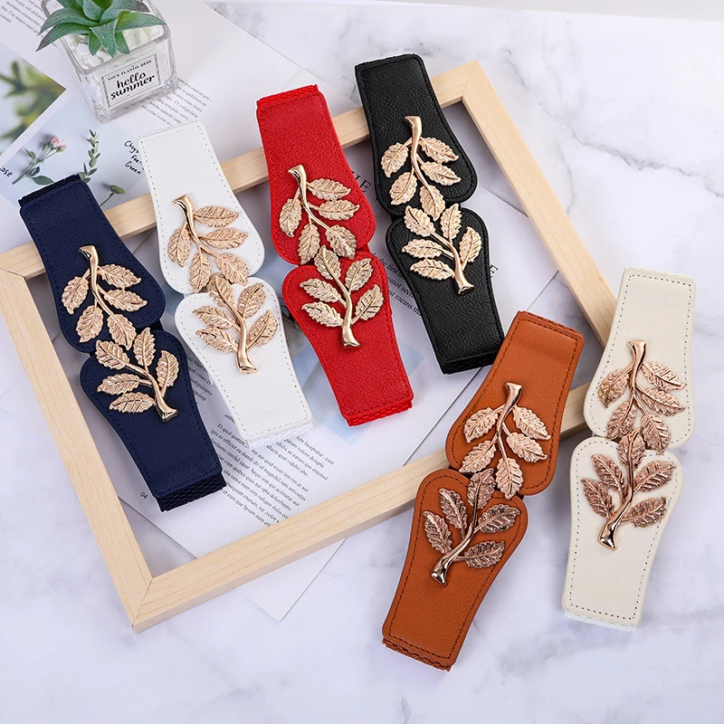 1Pc Women's Elastic Slimming Belt Retro Metal Leaf Fashion Decorative for Ladies Dress Shirt Windbreaker Leather Waist Sealing