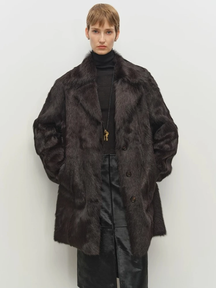 

High-end Luxury Natural Lamb Fur Jackets for Women Simple Double-sided Wear Mid-length Winter Genuine Goatskin Real Fur Coat