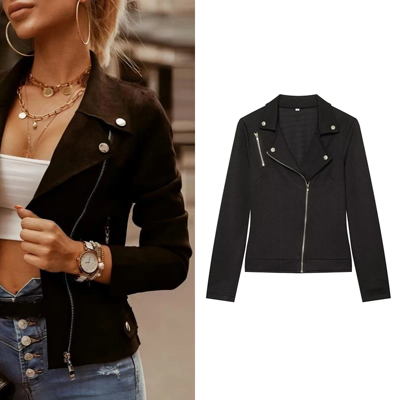 Guobioziy Women's Top 2026 New Style Women's Diagonal Zip Biker Jacket Subtle Textured Fabric With A Classy Feel