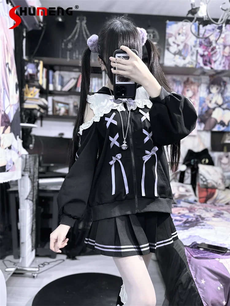 

Original Japanese Sweet Cool Girl Rabbit Ear Hoodies Lace-up Bow Off-Shoulder Long Sleeve Loose Sweatshirt Jackets Women Autumn
