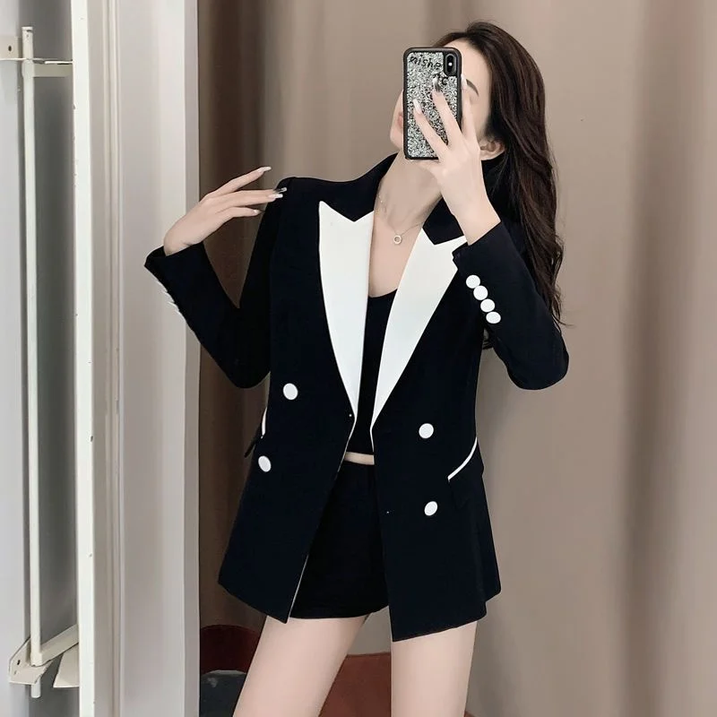 High-Quality Black Suit Jacket Women\'s 2022 Autumn Blazer Design Sense Of Contrast Color Lady Clothes Women\'s Trench Coat Spring