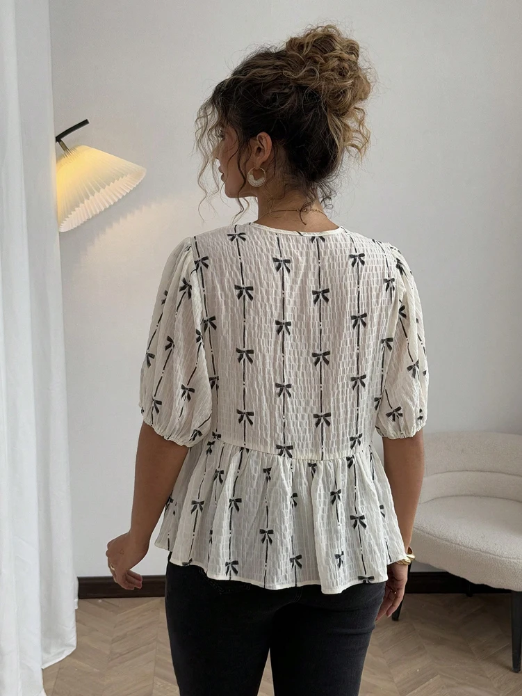 بالإضافة إلى حجم الربيع الصيف رومانسية فراشة عقدة نمط فقاعة كم التعادل الفتاة قميص أنيق المؤنث الموضة