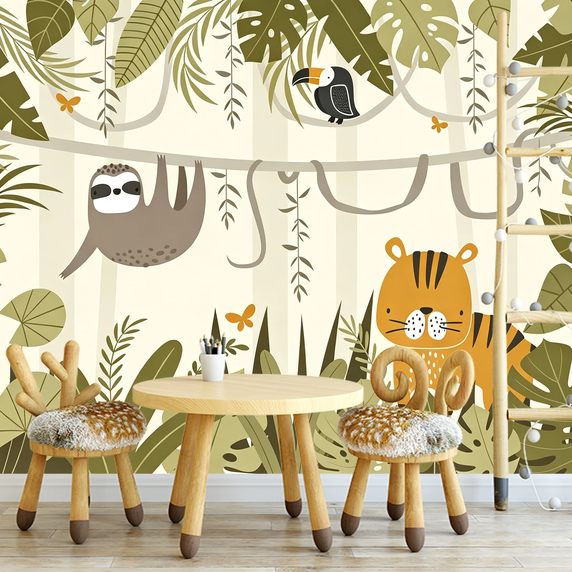 Custom Mural Wallpaper Boho Tropical Jungle Sloth Tiger Toucan Palm Leaf Cartoon Baby Bedroom Wall Decor Papel De Parede