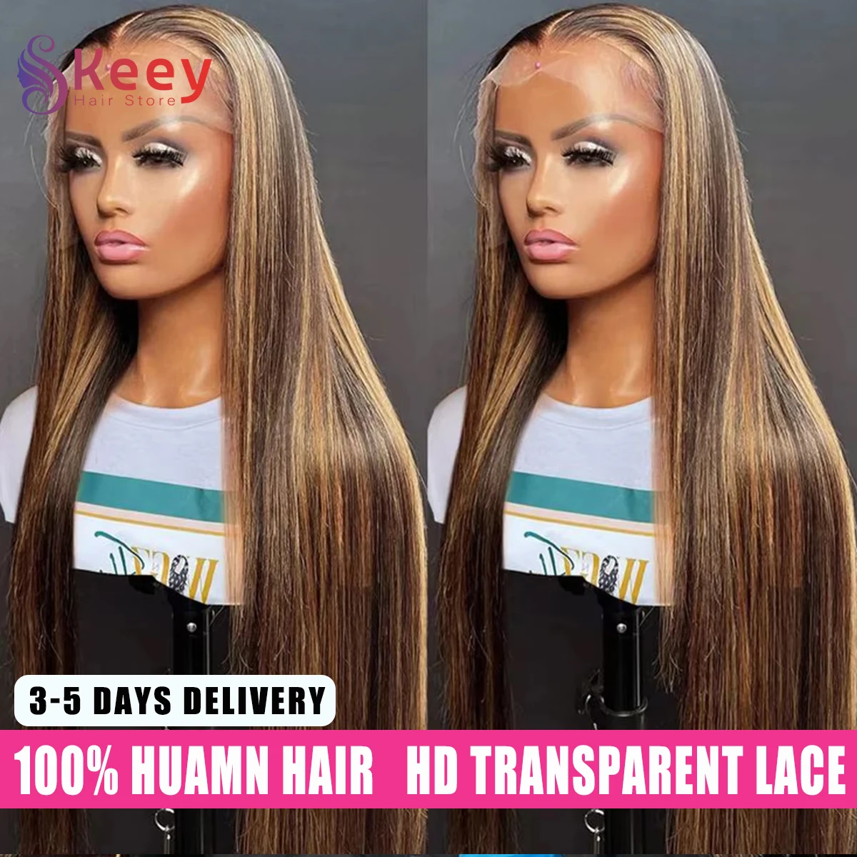 40インチ 4/27 ハイライト オンブレカラー 13x6 HDレースフロントウィッグ ストレートウィッグ 人毛 200%密度 ハニーブロンド ブラジリアンウィッグ