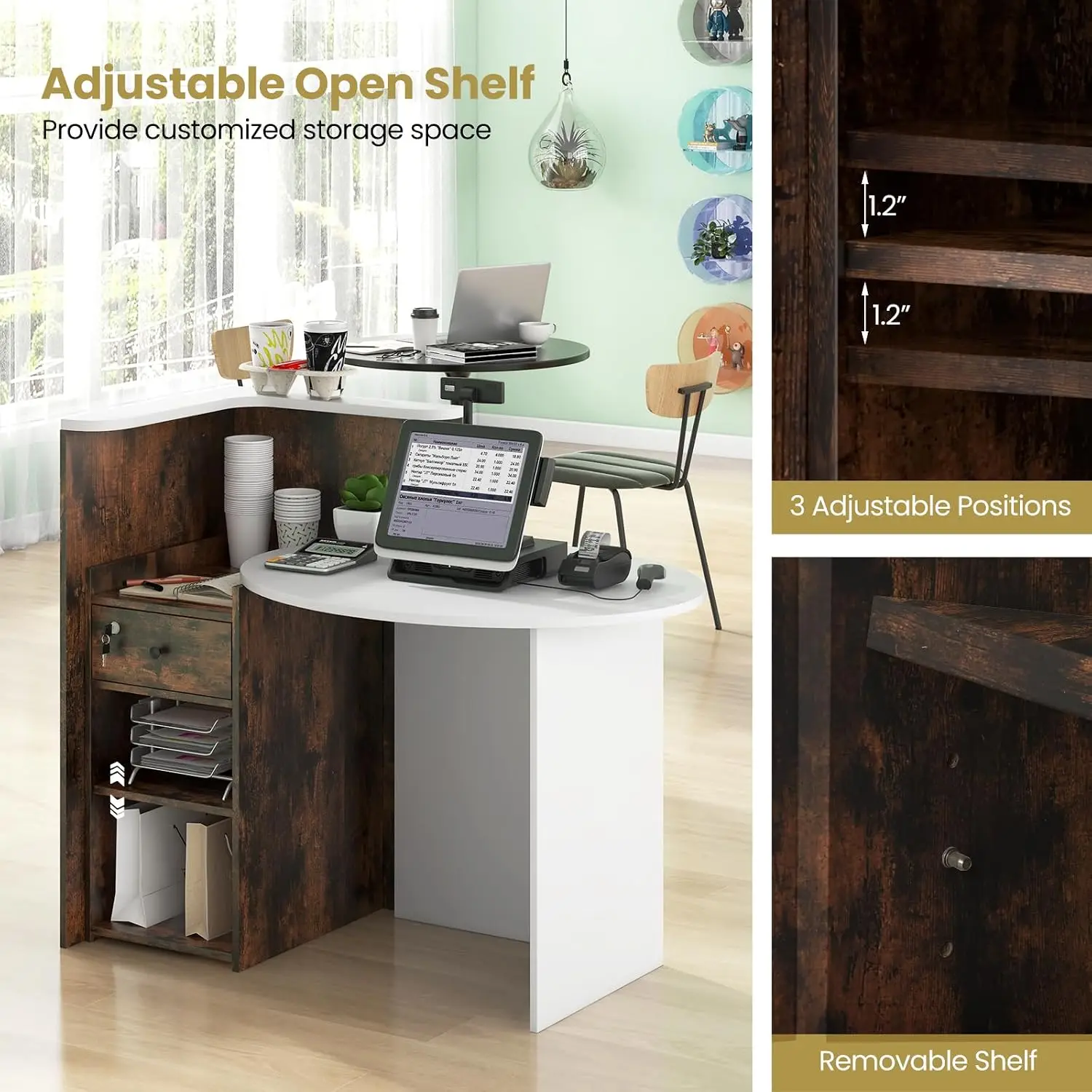 Reception Desk with Lockable Drawer, Round Countertop, Corner & Adjustable Shelf for Office Salon Retail, Customized