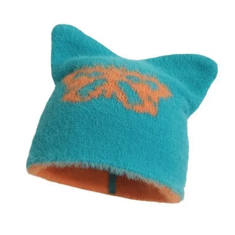 

39BD Handcrochet Funny Ear Butterfly Hat for Female Casual Hat 2000s Shopping Photo Skull Caps Winter Warm Plush Hat