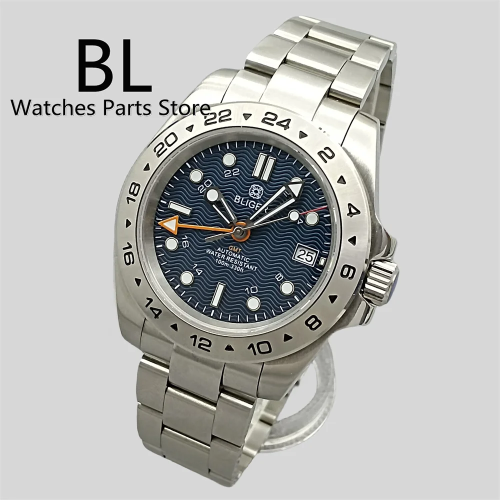 BLIGER 40mm Watch For Men NH34 GMT Automatic Black White Blue Wave Dial Orange GMT C3 Green Luminous Sapphire Glass 24Hour Bezel