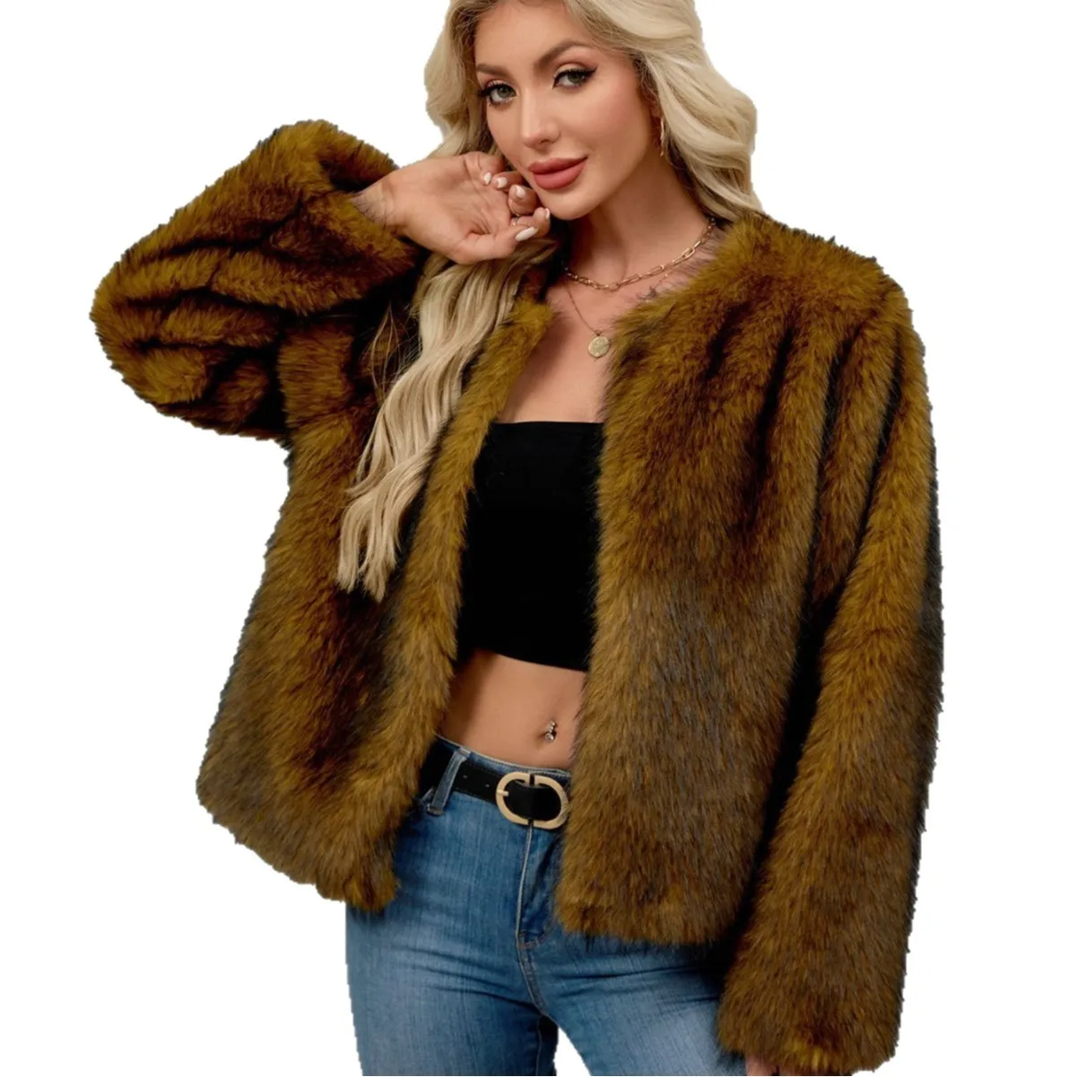 Jaket Bulu Imitasi Wanita Model Santai Gaya Jalanan, Mantel Bulu Musim Dingin Gradasi, Kerah Bulat, Jaket Bulu Pendek