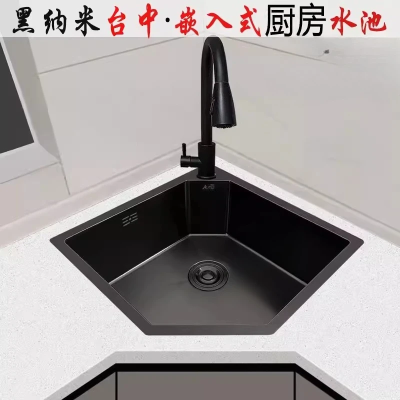 German Amherkin Steel Nano Handmade Corner Sink Kitchen Corner Vegetable Basin Shaped Sink Undercounter Sink