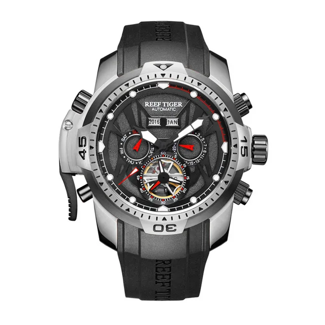 Reef Tiger Men Automatic Watch Mechanical Wristwatch 50M Waterproof Lume Sapphire Multi-Dial Month Week Date Skeleton Dial