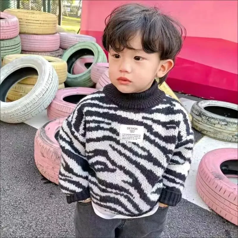 

2022 Autumn Girls Boys Casual Zebra Sweaters Baby Kids Children Knitting Cardigan