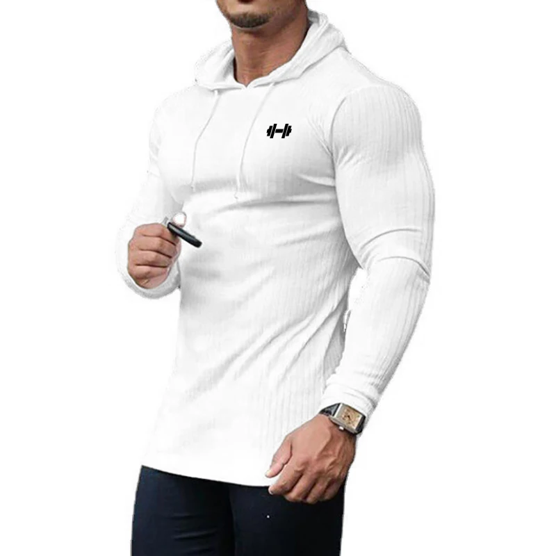 Men\'s Casual Long Sleeve Slim Fit Shirt Gym Sport Fitness Quick Dry Hooded T-Shirt Fashion Knitted Stripes Bodybuilding Clothing