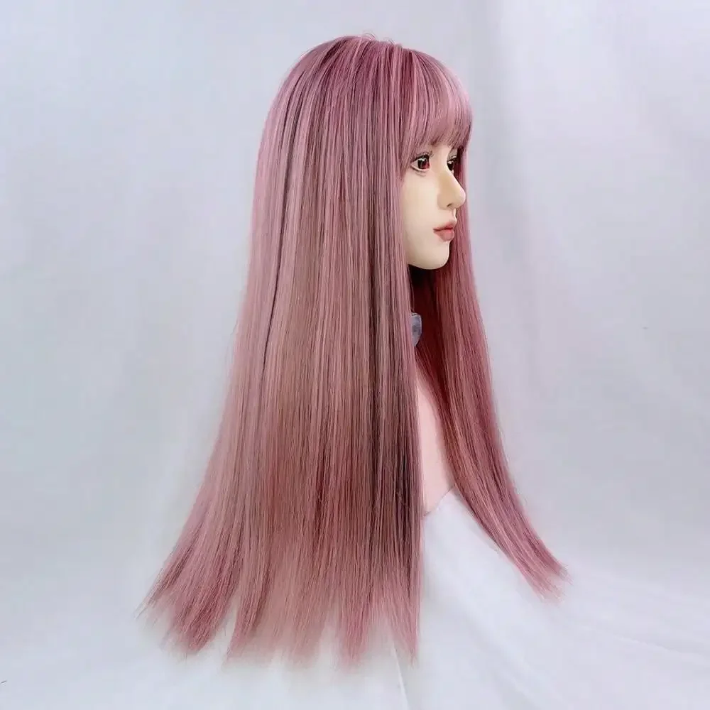 High-Quality Pink Straight Hair Synthetic Bangs Wig Non-Adhesive Heat-Resistant Fiber Fashion Female Wig Suitable For Party