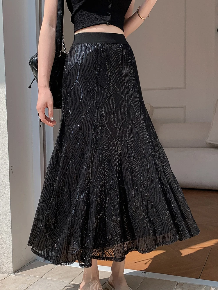 Luxury Sequins Skirts Women Summer 2025 New Loose Casual Elastic High Waist Mermaid Skirt Female Black Midi Skirt Korean Fashion