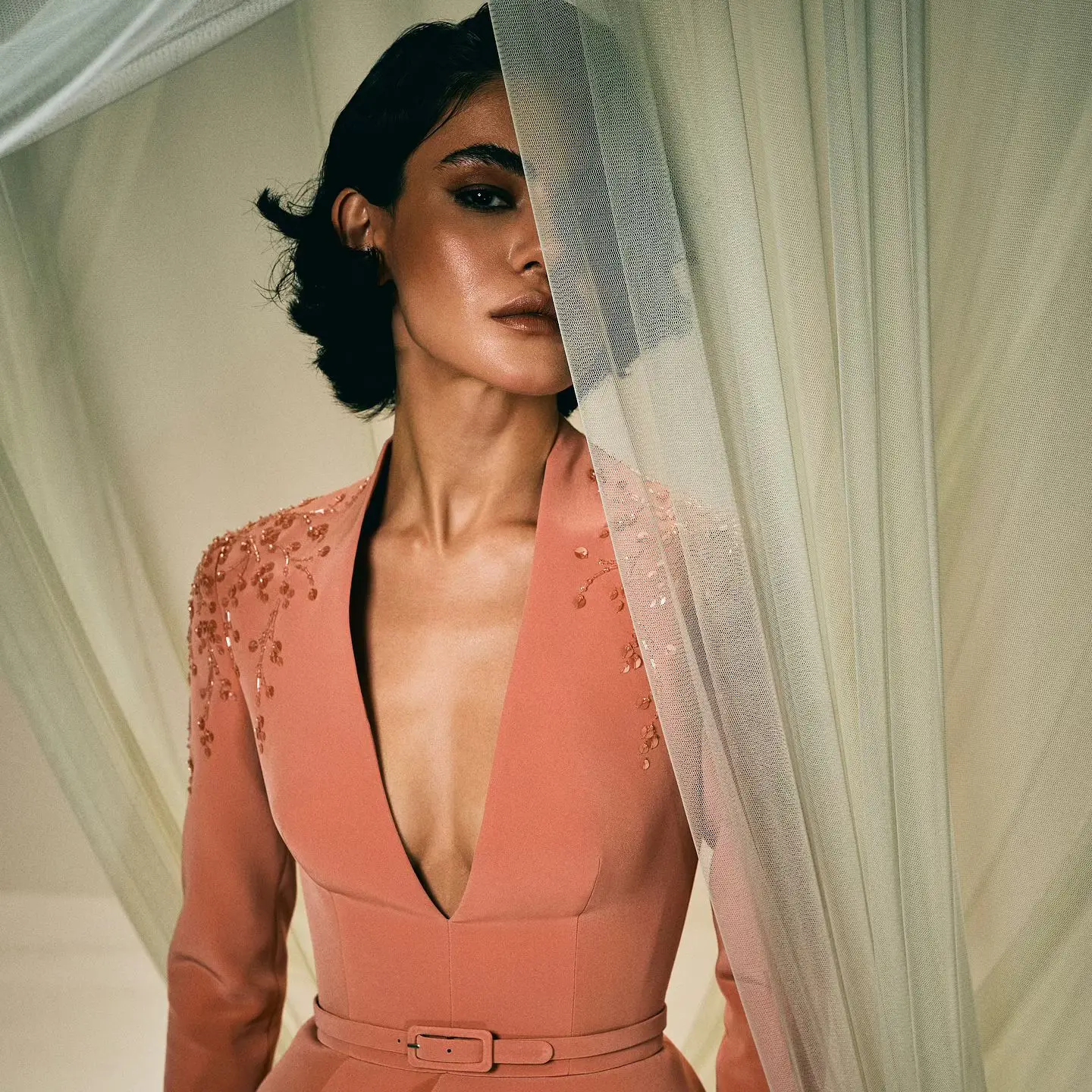 Sharon Said elegante oranje avondjurk met twee stukken V-hals lange mouw voor vrouwen bruiloft formele feestjurk SS216 op maat